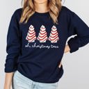 Small Navy Oh Christmas Tree Snack Little Debbie Christmas Festive Print Vintage Sweatshirt