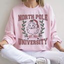 Small Light Pink North Pole University Santa Retro Christmas Festive Holiday Theme Cozy Sweatshirt