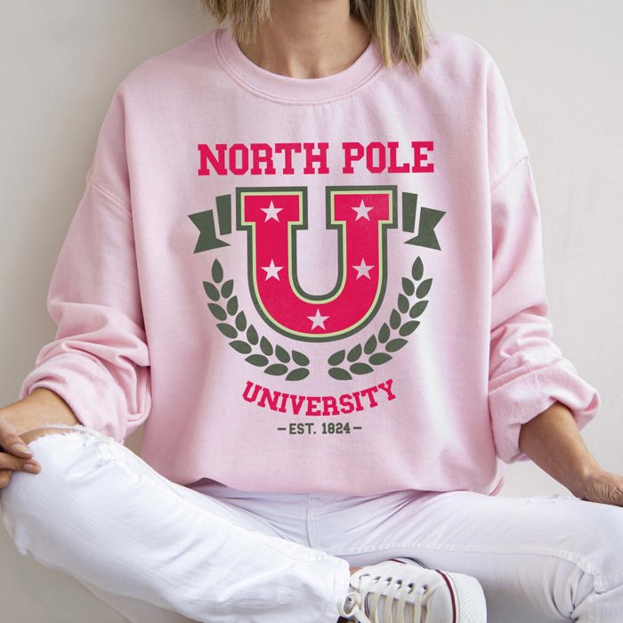 North Pole University Retro Christmas Festive Winter Seasonal Graphic Sweatshirt