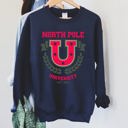 XL Navy North Pole University Retro Christmas Festive Winter Seasonal Graphic Sweatshirt