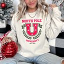 Large Sand North Pole University Retro Christmas Festive Winter Seasonal Graphic Sweatshirt