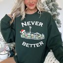 XL Forest Green Never Better Christmas Skeleton Retro Holiday Scene Illustration With Festive Charm And Nostalgia Sweatshirt