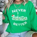 Large Irish Bright Green Never Better Christmas Skeleton Retro Holiday Scene Illustration With Festive Charm And Nostalgia Sweatshirt