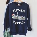 Medium Navy Never Better Christmas Skeleton Retro Holiday Scene Illustration With Festive Charm And Nostalgia Sweatshirt