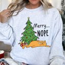 Large Ash Light Gray Merry Nope Cat Christmas Cozy Fleece Lined Holiday Humor Graphic Cat Lover Sweatshirt
