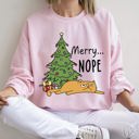 Large Light Pink Merry Nope Cat Christmas Cozy Fleece Lined Holiday Humor Graphic Cat Lover Sweatshirt