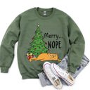 Small Military Green Merry Nope Cat Christmas Cozy Fleece Lined Holiday Humor Graphic Cat Lover Sweatshirt