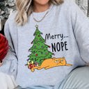 Medium Heather Sport Gray Merry Nope Cat Christmas Cozy Fleece Lined Holiday Humor Graphic Cat Lover Sweatshirt