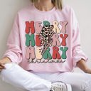 Large Light Pink Merry Christmas Retro Leopard Print Cozy Festive Snowflake Graphic Christmas Cheer Holiday Sweatshirt