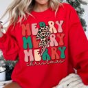 Medium Red Merry Christmas Retro Leopard Print Cozy Festive Snowflake Graphic Christmas Cheer Holiday Sweatshirt