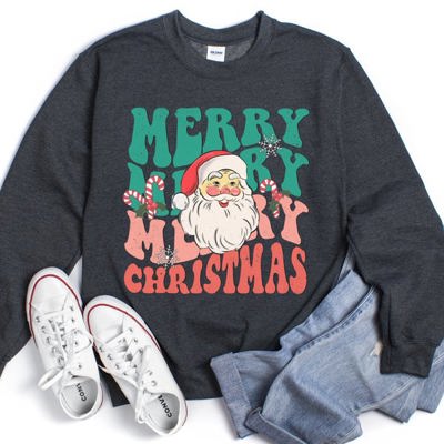 Merry Christmas Retro Santa Cozy Fleece Lined Vintage Graphic Holiday Artwork Series Sweatshirt