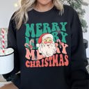 Small Black Merry Christmas Retro Santa Cozy Fleece Lined Vintage Graphic Holiday Artwork Series Sweatshirt