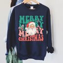 Large Navy Merry Christmas Retro Santa Cozy Fleece Lined Vintage Graphic Holiday Artwork Series Sweatshirt