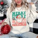 Small Sand Merry Christmas Retro Santa Cozy Fleece Lined Vintage Graphic Holiday Artwork Series Sweatshirt