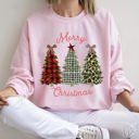 Large Light Pink Merry Christmas, Leopard Print and Plaid Trees Seasonal Holiday Design Sweatshirt