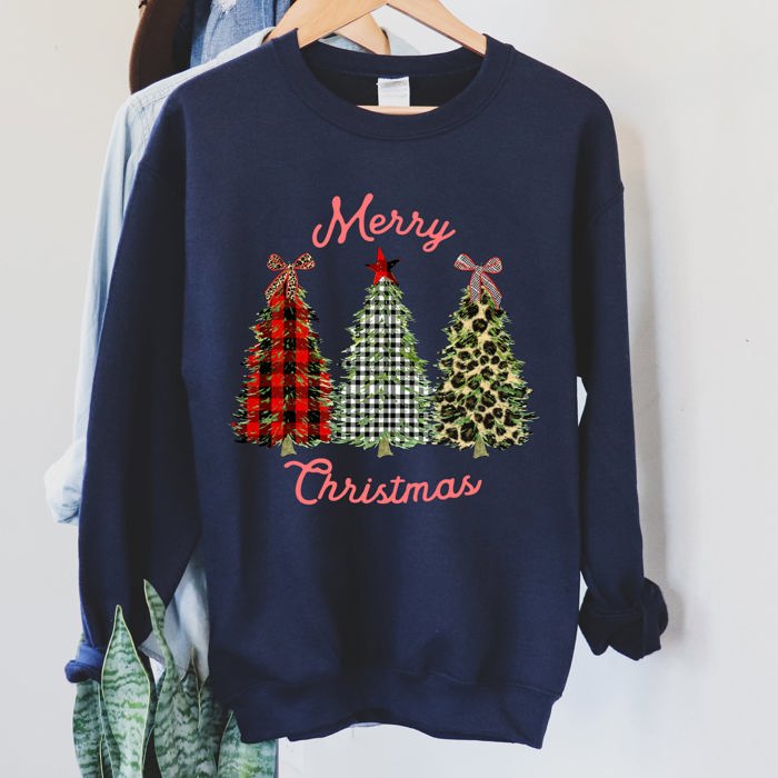 Merry Christmas, Leopard Print and Plaid Trees Seasonal Holiday Design Sweatshirt