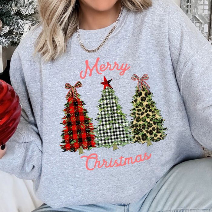 Merry Christmas, Leopard Print and Plaid Trees Seasonal Holiday Design Sweatshirt