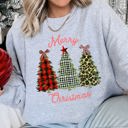 XL Heather Sport Gray Merry Christmas, Leopard Print and Plaid Trees Seasonal Holiday Design Sweatshirt