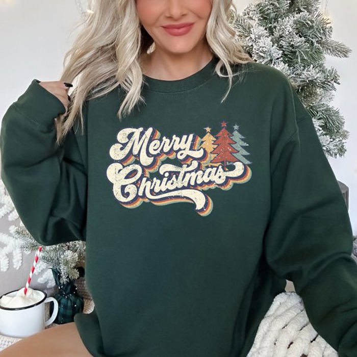 Merry Christmas, Retro Trees Holiday Cheer Vintage Nordic Style Graphic Art Print Sweatshirt