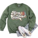 Large Military Green Merry Christmas, Retro Trees Holiday Cheer Vintage Nordic Style Graphic Art Print Sweatshirt