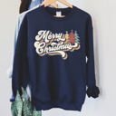 Large Navy Merry Christmas, Retro Trees Holiday Cheer Vintage Nordic Style Graphic Art Print Sweatshirt