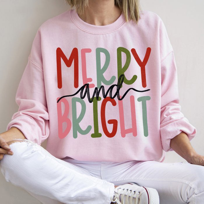 Merry And Bright Retro Text Christmas Cheer Cozy Holiday Print Seasonal Sweatshirt