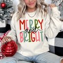 Large Sand Merry And Bright Retro Text Christmas Cheer Cozy Holiday Print Seasonal Sweatshirt