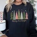 Small Black Merry And Bright Christmas Trees Festive Holiday Graphic Scene Cozy Fleece Sweatshirt