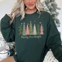 Small Forest Green Merry And Bright Christmas Trees Festive Holiday Graphic Scene Cozy Fleece Sweatshirt