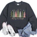 Small Dark Gray Heather Merry And Bright Christmas Trees Festive Holiday Graphic Scene Cozy Fleece Sweatshirt