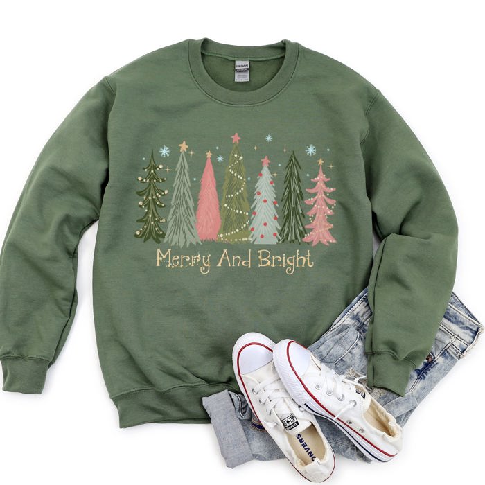 Merry And Bright Christmas Trees Festive Holiday Graphic Scene Cozy Fleece Sweatshirt
