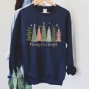 Medium Navy Merry And Bright Christmas Trees Festive Holiday Graphic Scene Cozy Fleece Sweatshirt