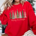 Small Red Merry And Bright Christmas Trees Festive Holiday Graphic Scene Cozy Fleece Sweatshirt