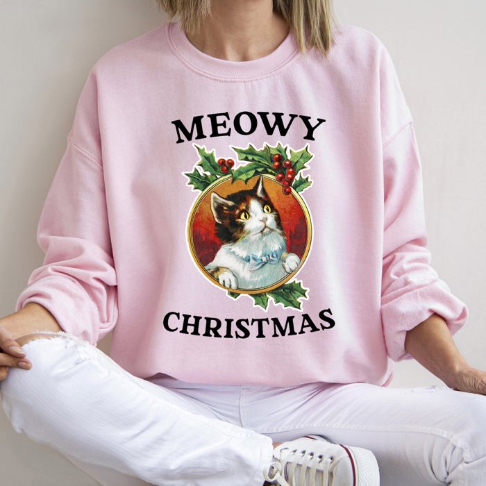 Meowy Christmas Retro Cat Illustration With Whimsical Holiday Charm For Festive Cozy Nights Sweatshirt