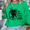 Medium Irish Bright Green Krampus Naughty Santa Christmas Holiday Mischief Graphic Design For Festive Winter Nights Sweatshirt