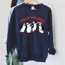 Large Navy Jolly Holiday Penguins Christmas Cozy Winter Scene Festive Graphic Premium Sweatshirt
