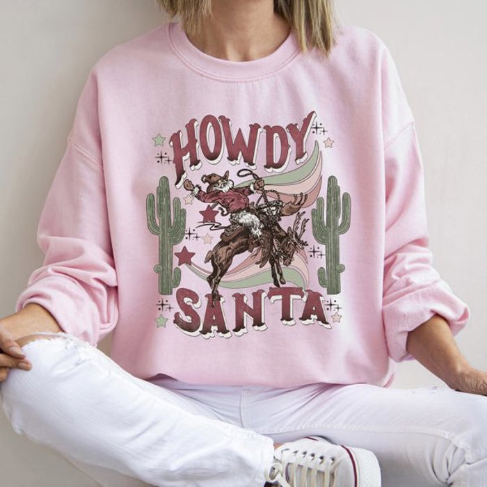 Howdy Santa, Reindeer Cowboy Rodeo Christmas Western Holiday Graphic Seasonal Sweatshirt