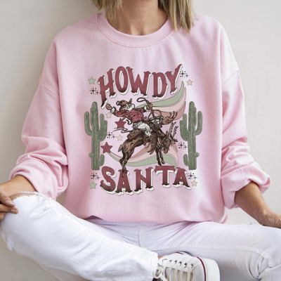 Howdy Santa, Reindeer Cowboy Rodeo Christmas Western Holiday Graphic Seasonal Sweatshirt
