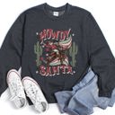 Medium Dark Gray Heather Howdy Santa, Reindeer Cowboy Rodeo Christmas Western Holiday Graphic Seasonal Sweatshirt