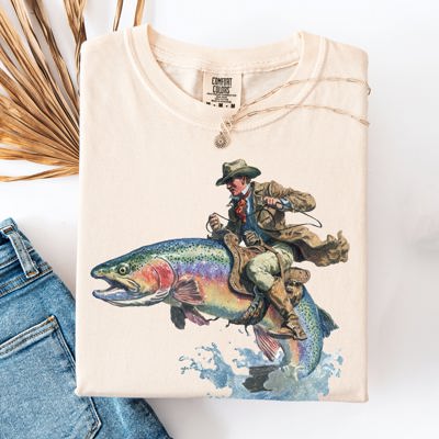 Cowboy Riding Rainbow Trout Rodeo Club Western Adventure Edition Comfort Colors Tee