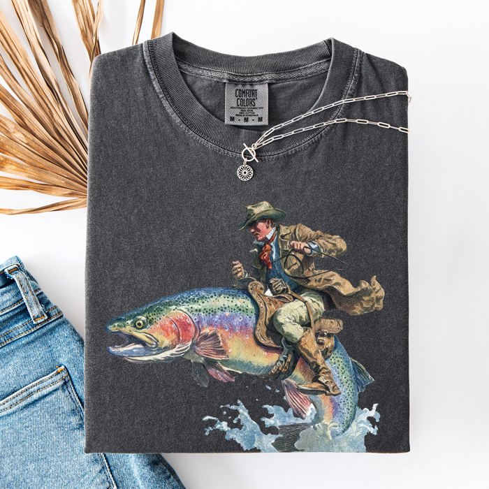 Cowboy Riding Rainbow Trout Rodeo Club Western Adventure Edition Comfort Colors Tee