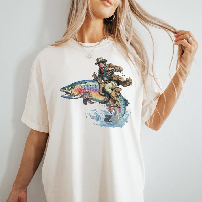 Cowboy Riding Rainbow Trout Rodeo Club Western Adventure Edition Comfort Colors Tee