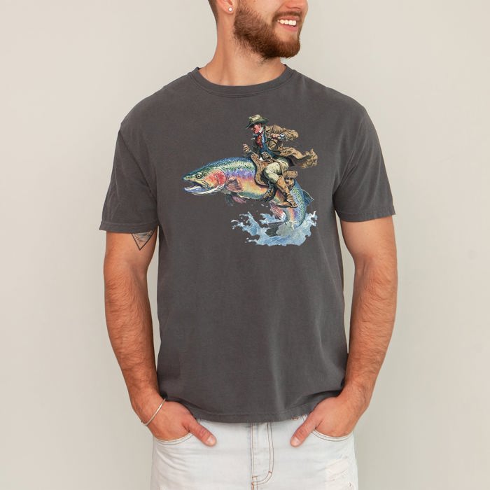 Cowboy Riding Rainbow Trout Rodeo Club Western Adventure Edition Comfort Colors Tee