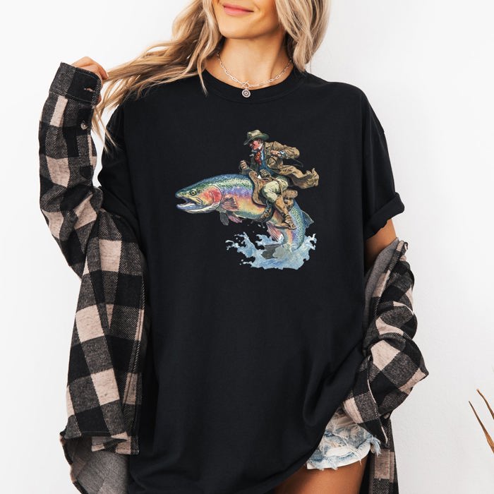 Cowboy Riding Rainbow Trout Rodeo Club Western Adventure Edition Comfort Colors Tee