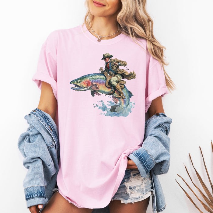Cowboy Riding Rainbow Trout Rodeo Club Western Adventure Edition Comfort Colors Tee