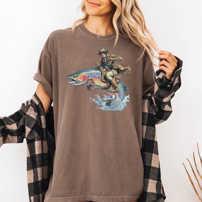 Cowboy Riding Rainbow Trout Rodeo Club Western Adventure Edition Comfort Colors Tee