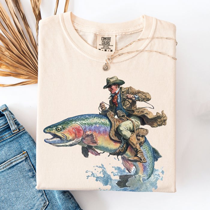Cowboy Riding Rainbow Trout Rodeo Club Western Adventure Edition Comfort Colors Tee