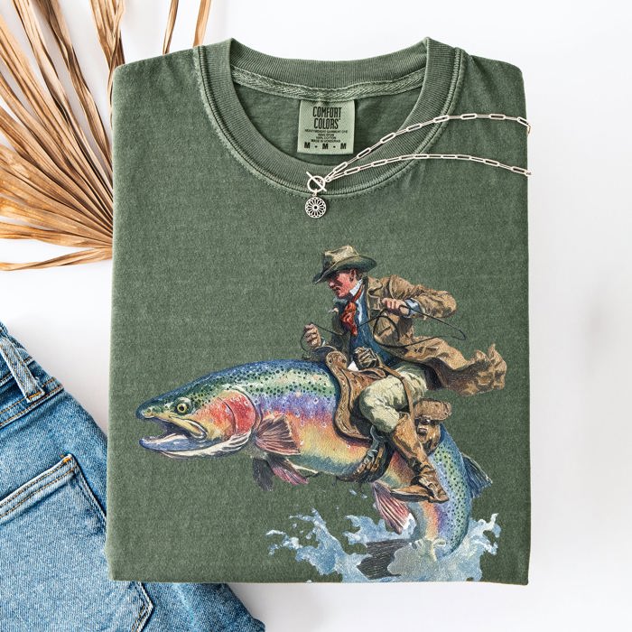 Cowboy Riding Rainbow Trout Rodeo Club Western Adventure Edition Comfort Colors Tee