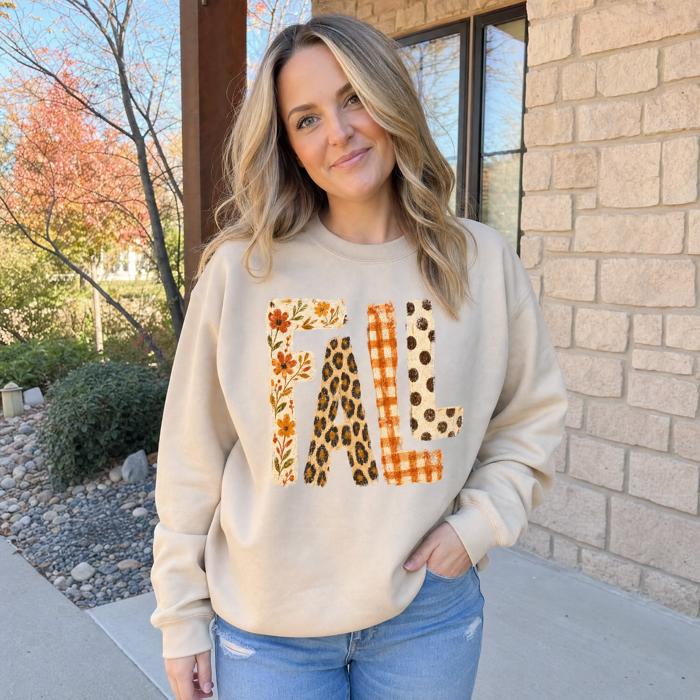 Fall Pattern Letters, Autumn Floral, Leopard Plaid, Polka Dot, Harvest Season Sweatshirt