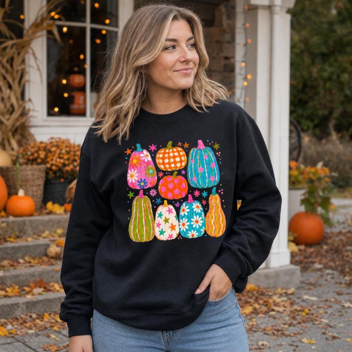 Playful Pumpkins, Bright Fall, Whimsical Autumn, Vibrant Halloween Vibes Sweatshirt